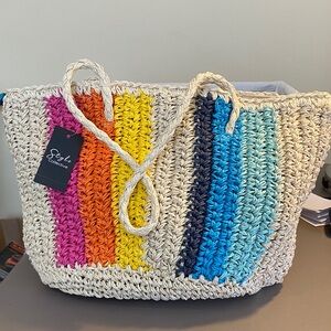 Woven Straw Tote Bag with Rainbow Stripes